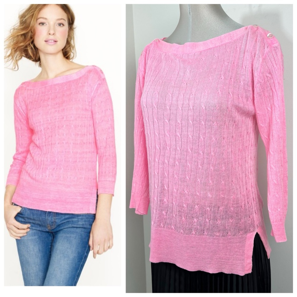 J. Crew 100% Linen Boatneck Preppy Sweater Size Medium in Pink Cable Knit 3/4